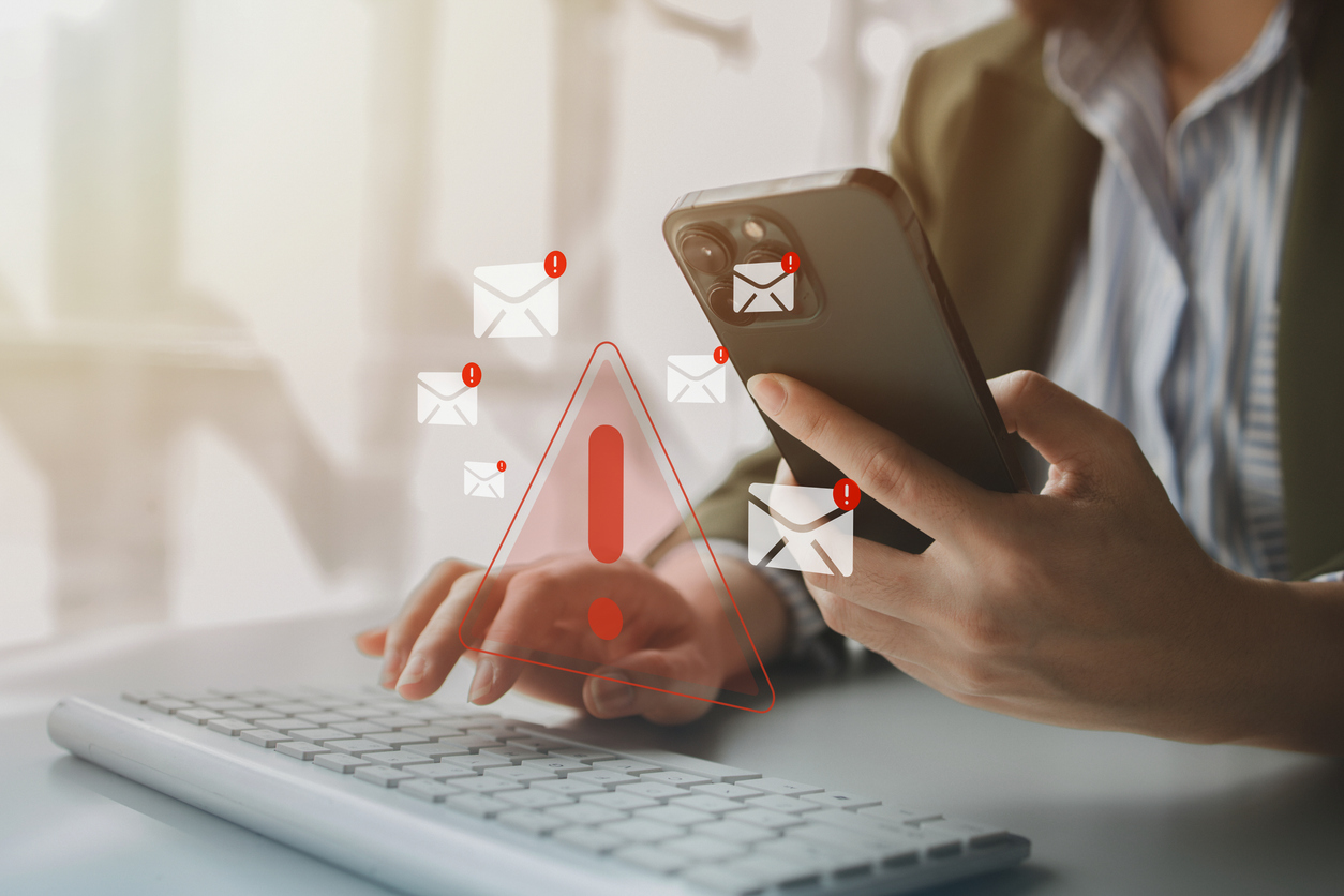 Spam email inbox notification, virus detection sent with email, warning to prevent computer virus infection, virus scanning, spam email dangerous equipment, warning symbol.